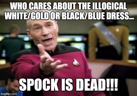Picard Wtf Meme | WHO CARES ABOUT THE ILLOGICAL WHITE/GOLD OR BLACK/BLUE DRESS... SPOCK IS DEAD!!! | image tagged in memes,picard wtf | made w/ Imgflip meme maker