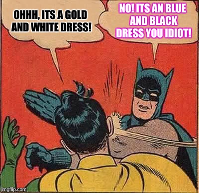 Batman Slapping Robin | OHHH, ITS A GOLD AND WHITE DRESS! NO! ITS AN BLUE AND BLACK DRESS YOU IDIOT! | image tagged in memes,batman slapping robin | made w/ Imgflip meme maker