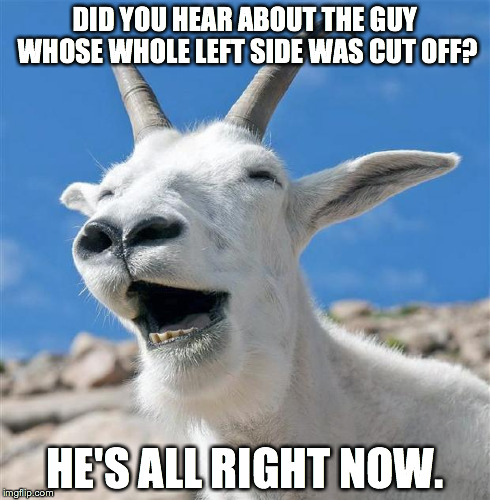 Laughing Goat Meme | DID YOU HEAR ABOUT THE GUY WHOSE WHOLE LEFT SIDE WAS CUT OFF? HE'S ALL RIGHT NOW. | image tagged in memes,laughing goat | made w/ Imgflip meme maker