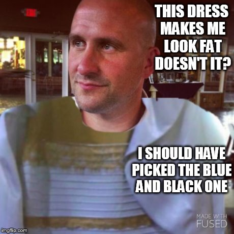 THIS DRESS MAKES ME LOOK FAT DOESN'T IT? I SHOULD HAVE PICKED THE BLUE AND BLACK ONE | image tagged in white and gold dress | made w/ Imgflip meme maker