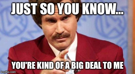 ron burgandy | JUST SO YOU KNOW... YOU'RE KIND OF A BIG DEAL TO ME | image tagged in ron burgandy | made w/ Imgflip meme maker