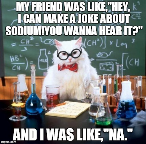 Chemistry Cat | MY FRIEND WAS LIKE,"HEY, I CAN MAKE A JOKE ABOUT SODIUM!YOU WANNA HEAR IT?" AND I WAS LIKE,"NA." | image tagged in memes,chemistry cat | made w/ Imgflip meme maker