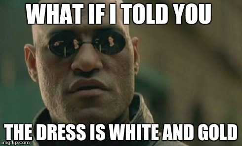 Matrix Morpheus | WHAT IF I TOLD YOU THE DRESS IS WHITE AND GOLD | image tagged in memes,matrix morpheus | made w/ Imgflip meme maker