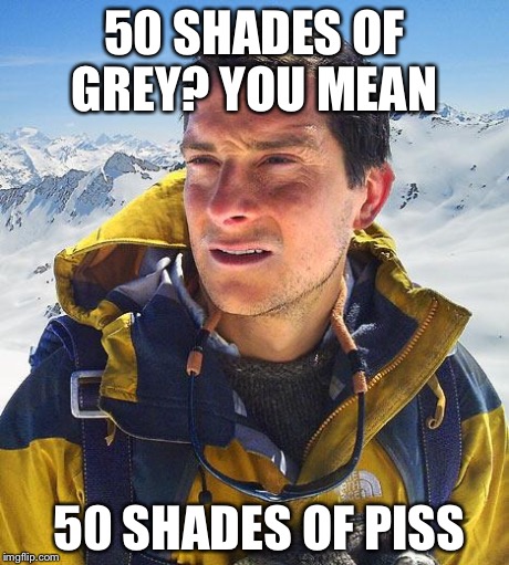 Bear Grylls | 50 SHADES OF GREY?
YOU MEAN 50 SHADES OF PISS | image tagged in memes,bear grylls | made w/ Imgflip meme maker