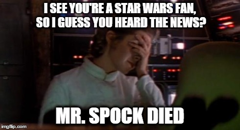 Princess Leia facepalm | I SEE YOU'RE A STAR WARS FAN, SO I GUESS YOU HEARD THE NEWS? MR. SPOCK DIED | image tagged in princess leia | made w/ Imgflip meme maker