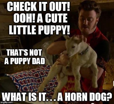 trailer park boys | CHECK IT OUT!  OOH! A CUTE LITTLE PUPPY! WHAT IS IT. . . A HORN DOG? THAT'S NOT A PUPPY DAD | image tagged in ricky,trailer park boys | made w/ Imgflip meme maker