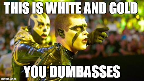 Goldust and Stardust Shocked Pointing | THIS IS WHITE AND GOLD YOU DUMBASSES | image tagged in goldust and stardust shocked pointing | made w/ Imgflip meme maker
