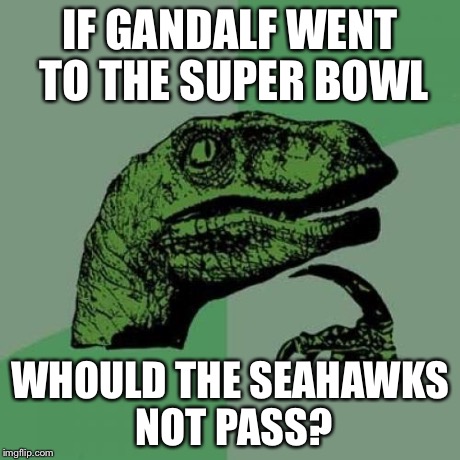 Philosoraptor | IF GANDALF WENT TO THE SUPER BOWL WHOULD THE SEAHAWKS NOT PASS? | image tagged in memes,philosoraptor | made w/ Imgflip meme maker