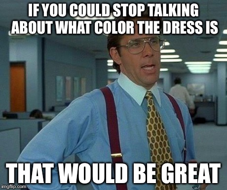 That Would Be Great | IF YOU COULD STOP TALKING ABOUT WHAT COLOR THE DRESS IS THAT WOULD BE GREAT | image tagged in memes,that would be great | made w/ Imgflip meme maker