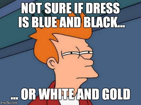 Futurama Fry | NOT SURE IF DRESS IS BLUE AND BLACK... ... OR WHITE AND GOLD | image tagged in memes,futurama fry | made w/ Imgflip meme maker