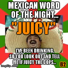Mexican Fiesta | MEXICAN WORD OF THE NIGHT... I'VE BEEN DRINKING, SO YOU LOOK OUT AND TELL ME IF JUICY THE COPS... "JUICY" B2 | image tagged in mexican fiesta | made w/ Imgflip meme maker