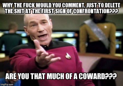 Picard Wtf Meme | WHY THE F**K WOULD YOU COMMENT, JUST TO DELETE THE SHIT AT THE FIRST SIGN OF CONFRONTATION??? ARE YOU THAT MUCH OF A COWARD??? | image tagged in memes,picard wtf | made w/ Imgflip meme maker