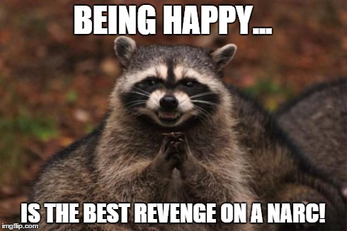 evil genius racoon | BEING HAPPY... IS THE BEST REVENGE ON A NARC! | image tagged in evil genius racoon | made w/ Imgflip meme maker