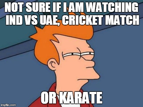 Futurama Fry Meme | NOT SURE IF I AM WATCHING IND VS UAE, CRICKET MATCH OR KARATE | image tagged in memes,futurama fry | made w/ Imgflip meme maker