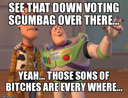 X, X Everywhere Meme | SEE THAT DOWN VOTING SCUMBAG OVER THERE... YEAH... THOSE SONS OF B**CHES ARE EVERY WHERE... | image tagged in memes,x x everywhere | made w/ Imgflip meme maker