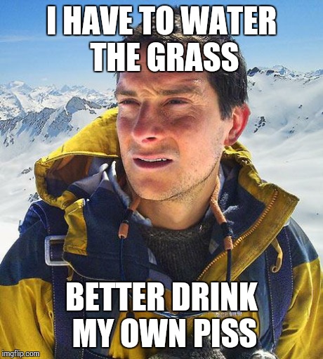 Bear Grylls | I HAVE TO WATER THE GRASS BETTER DRINK MY OWN PISS | image tagged in memes,bear grylls | made w/ Imgflip meme maker