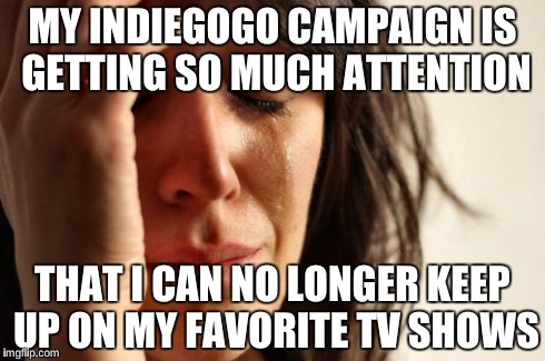 First World Problems | MY INDIEGOGO CAMPAIGN IS GETTING SO MUCH ATTENTION THAT I CAN NO LONGER KEEP UP ON MY FAVORITE TV SHOWS | image tagged in memes,first world problems | made w/ Imgflip meme maker