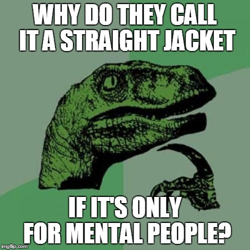 Philosoraptor | WHY DO THEY CALL IT A STRAIGHT JACKET IF IT'S ONLY FOR MENTAL PEOPLE? | image tagged in memes,philosoraptor | made w/ Imgflip meme maker