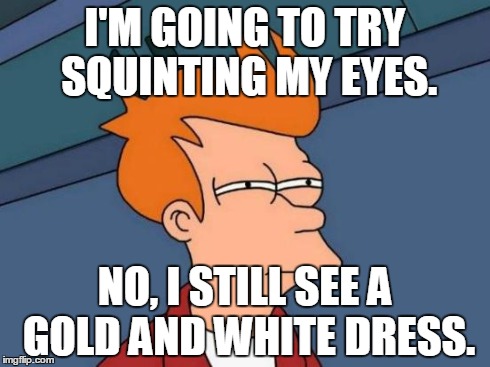 Futurama Fry Meme | I'M GOING TO TRY SQUINTING MY EYES. NO, I STILL SEE A GOLD AND WHITE DRESS. | image tagged in memes,futurama fry | made w/ Imgflip meme maker