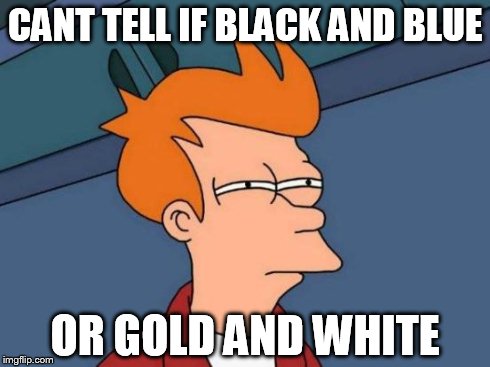 Futurama Fry | CANT TELL IF BLACK AND BLUE OR GOLD AND WHITE | image tagged in memes,futurama fry | made w/ Imgflip meme maker