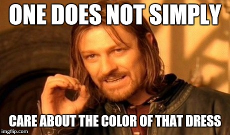 One Does Not Simply Meme | ONE DOES NOT SIMPLY CARE ABOUT THE COLOR OF THAT DRESS | image tagged in memes,one does not simply | made w/ Imgflip meme maker