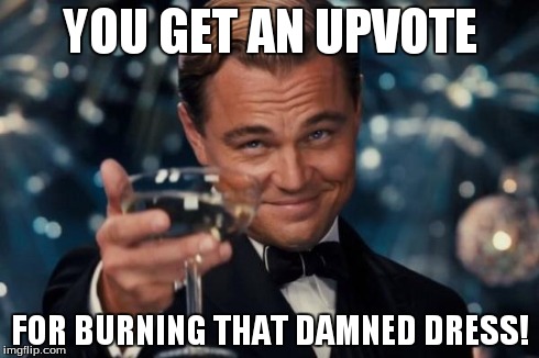 Leonardo Dicaprio Cheers Meme | YOU GET AN UPVOTE FOR BURNING THAT DAMNED DRESS! | image tagged in memes,leonardo dicaprio cheers | made w/ Imgflip meme maker
