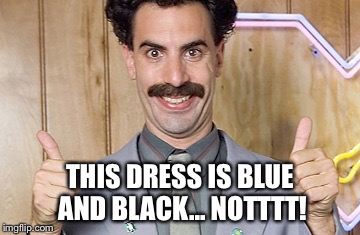THIS DRESS IS BLUE AND BLACK... NOTTTT! | image tagged in borat,the dress | made w/ Imgflip meme maker