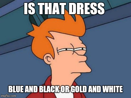 Futurama Fry Meme | IS THAT DRESS BLUE AND BLACK OR GOLD AND WHITE | image tagged in memes,futurama fry | made w/ Imgflip meme maker