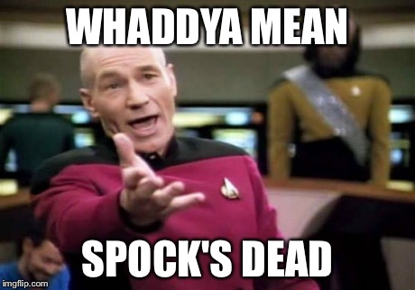 Picard Wtf | WHADDYA MEAN SPOCK'S DEAD | image tagged in memes,picard wtf | made w/ Imgflip meme maker