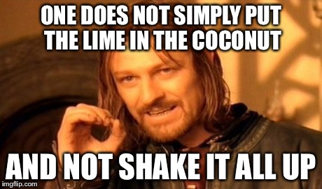One Does Not Simply Meme | ONE DOES NOT SIMPLY PUT THE LIME IN THE COCONUT AND NOT SHAKE IT ALL UP | image tagged in memes,one does not simply | made w/ Imgflip meme maker
