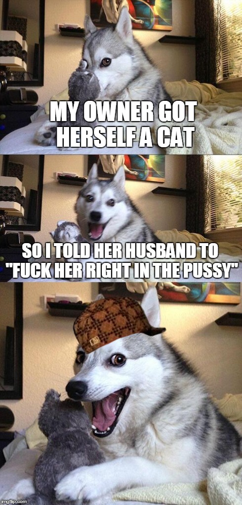 Bad Pun Dog Meme | MY OWNER GOT HERSELF A CAT SO I TOLD HER HUSBAND TO "F**K HER RIGHT IN THE PUSSY" | image tagged in memes,bad pun dog,scumbag | made w/ Imgflip meme maker