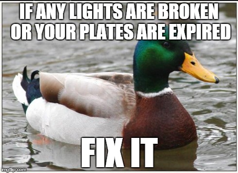 Actual Advice Mallard | IF ANY LIGHTS ARE BROKEN OR YOUR PLATES ARE EXPIRED FIX IT | image tagged in memes,actual advice mallard,AdviceAnimals | made w/ Imgflip meme maker