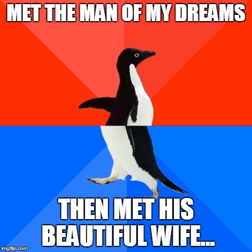 Socially Awesome Awkward Penguin | MET THE MAN OF MY DREAMS THEN MET HIS BEAUTIFUL WIFE... | image tagged in memes,socially awesome awkward penguin | made w/ Imgflip meme maker