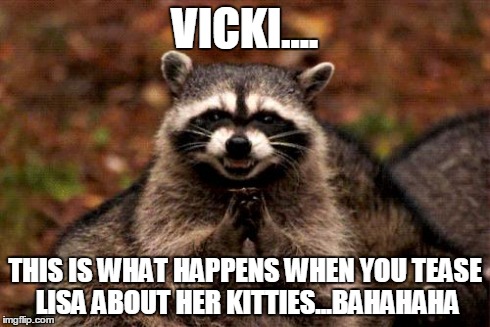 Evil Plotting Raccoon | VICKI.... THIS IS WHAT HAPPENS WHEN YOU TEASE LISA ABOUT HER KITTIES...BAHAHAHA | image tagged in memes,evil plotting raccoon | made w/ Imgflip meme maker