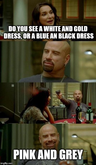 Skinhead John Travolta | DO YOU SEE A WHITE AND GOLD DRESS, OR A BLUE AN BLACK DRESS PINK AND GREY | image tagged in memes,skinhead john travolta | made w/ Imgflip meme maker