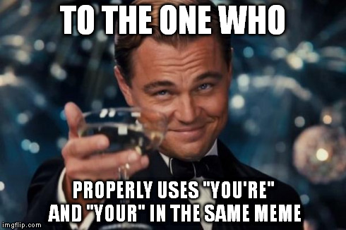 Leonardo Dicaprio Cheers Meme | TO THE ONE WHO PROPERLY USES "YOU'RE" AND "YOUR" IN THE SAME MEME | image tagged in memes,leonardo dicaprio cheers | made w/ Imgflip meme maker