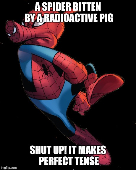 A SPIDER BITTEN BY A RADIOACTIVE PIG SHUT UP! IT MAKES PERFECT TENSE | image tagged in spiderman,marvel | made w/ Imgflip meme maker