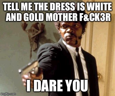 Say That Again I Dare You Meme | TELL ME THE DRESS IS WHITE AND GOLD MOTHER F&CK3R I DARE YOU | image tagged in memes,say that again i dare you | made w/ Imgflip meme maker