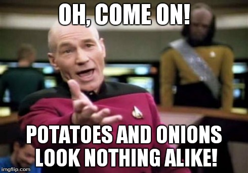 Picard Wtf Meme | OH, COME ON! POTATOES AND ONIONS LOOK NOTHING ALIKE! | image tagged in memes,picard wtf | made w/ Imgflip meme maker