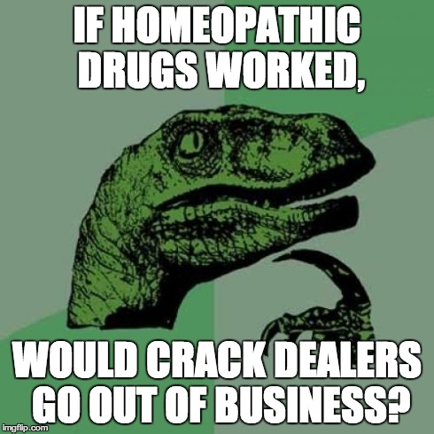 Philosoraptor | IF HOMEOPATHIC DRUGS WORKED, WOULD CRACK DEALERS GO OUT OF BUSINESS? | image tagged in memes,philosoraptor | made w/ Imgflip meme maker