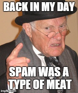 Back In My Day | BACK IN MY DAY SPAM WAS A TYPE OF MEAT | image tagged in memes,back in my day | made w/ Imgflip meme maker