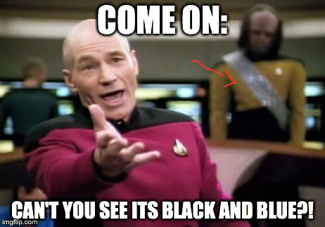 Picard Wtf Meme | COME ON: CAN'T YOU SEE ITS BLACK AND BLUE?! | image tagged in memes,picard wtf | made w/ Imgflip meme maker