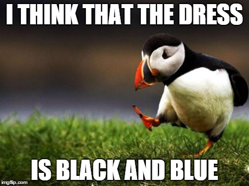 Unpopular Opinion Puffin | I THINK THAT THE DRESS IS BLACK AND BLUE | image tagged in memes,unpopular opinion puffin | made w/ Imgflip meme maker