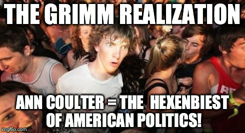 Sudden Clarity Clarence Meme | THE GRIMM REALIZATION ANN COULTER = THE  HEXENBIEST OF AMERICAN POLITICS! | image tagged in memes,sudden clarity clarence | made w/ Imgflip meme maker
