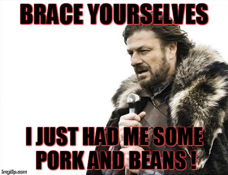 Brace Yourselves X is Coming | BRACE YOURSELVES I JUST HAD ME SOME PORK AND BEANS ! | image tagged in memes,brace yourselves x is coming | made w/ Imgflip meme maker