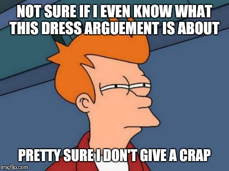 Futurama Fry | NOT SURE IF I EVEN KNOW WHAT THIS DRESS ARGUEMENT IS ABOUT PRETTY SURE I DON'T GIVE A CRAP | image tagged in memes,futurama fry | made w/ Imgflip meme maker