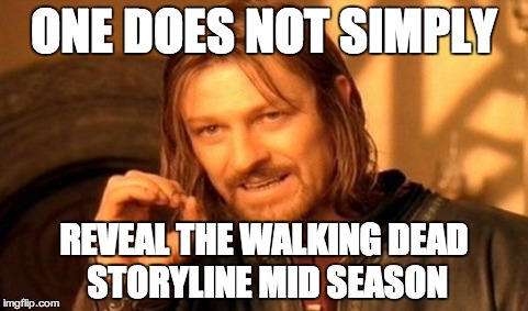 Midseason Walking Dead  | ONE DOES NOT SIMPLY REVEAL THE WALKING DEAD STORYLINE MID SEASON | image tagged in memes,one does not simply,the walking dead | made w/ Imgflip meme maker