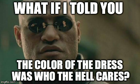 Matrix Morpheus Meme | WHAT IF I TOLD YOU THE COLOR OF THE DRESS WAS WHO THE HELL CARES? | image tagged in memes,matrix morpheus | made w/ Imgflip meme maker