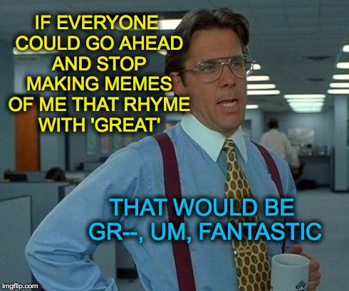 That Would Be Great | IF EVERYONE COULD GO AHEAD AND STOP MAKING MEMES OF ME THAT RHYME WITH 'GREAT' THAT WOULD BE GR--, UM, FANTASTIC | image tagged in memes,that would be great | made w/ Imgflip meme maker