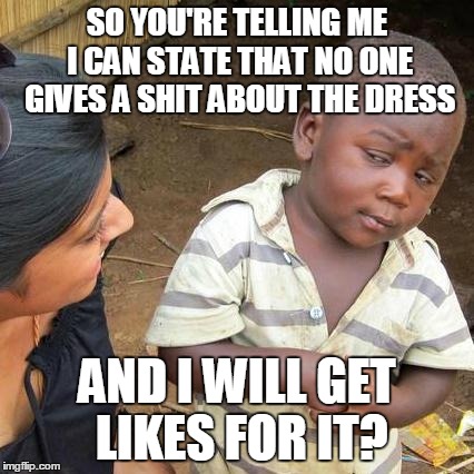 Third World Skeptical Kid Meme | SO YOU'RE TELLING ME I CAN STATE THAT NO ONE GIVES A SHIT ABOUT THE DRESS AND I WILL GET LIKES FOR IT? | image tagged in memes,third world skeptical kid | made w/ Imgflip meme maker